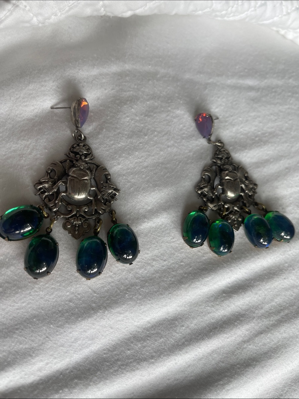 Artisan Silver-Tone Chandelier Earrings with Blue-Green Cabochons